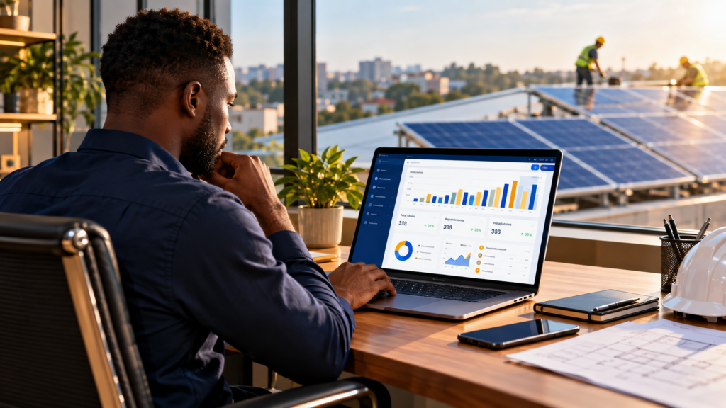 Solar installation leads analytics dashboard reviewed by a solar business owner